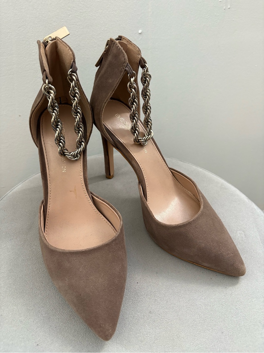 Suede Pointed-Toe Chain Ankle Pump - Brown